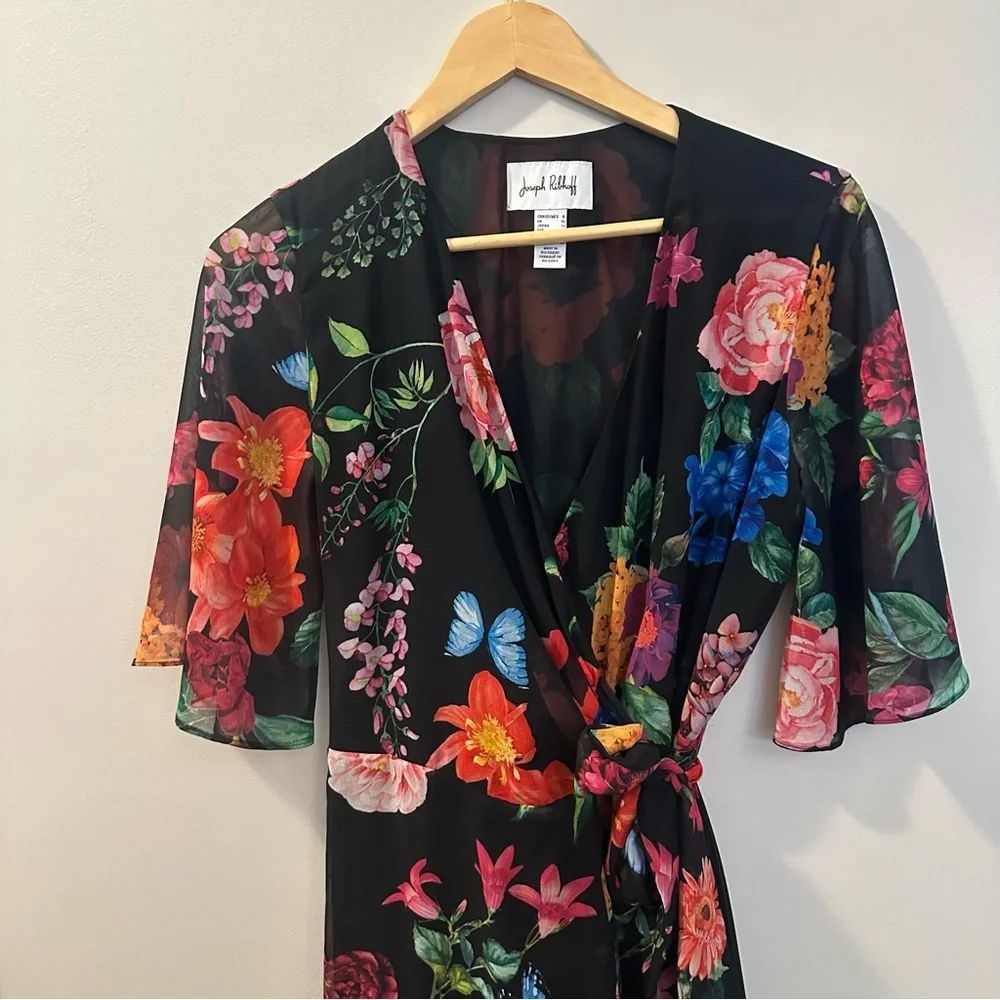 Joseph Ribkoff Floral Wrap Midi Dress Black Multicolor Size 8 Elegant Chic